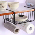GoHooked black powder-coated iron under cabinet storage basket holding plates, with paper towels below.