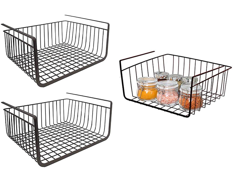 GoHooked black coated iron under shelf storage basket organizer rack, 12 and 16 inch sizes. Holds jars of spices.