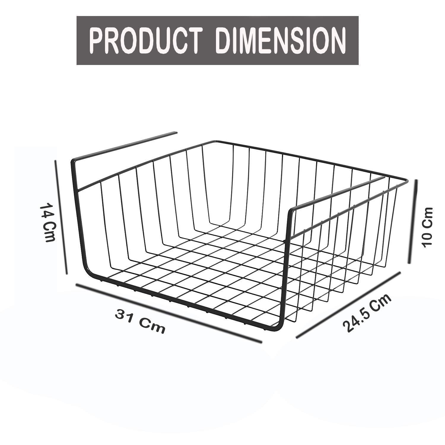 GoHooked black coated iron under shelf storage basket organizer rack. Features a grid design and dimensions of 31 cm length, 24.5 cm depth, and 10 cm height.