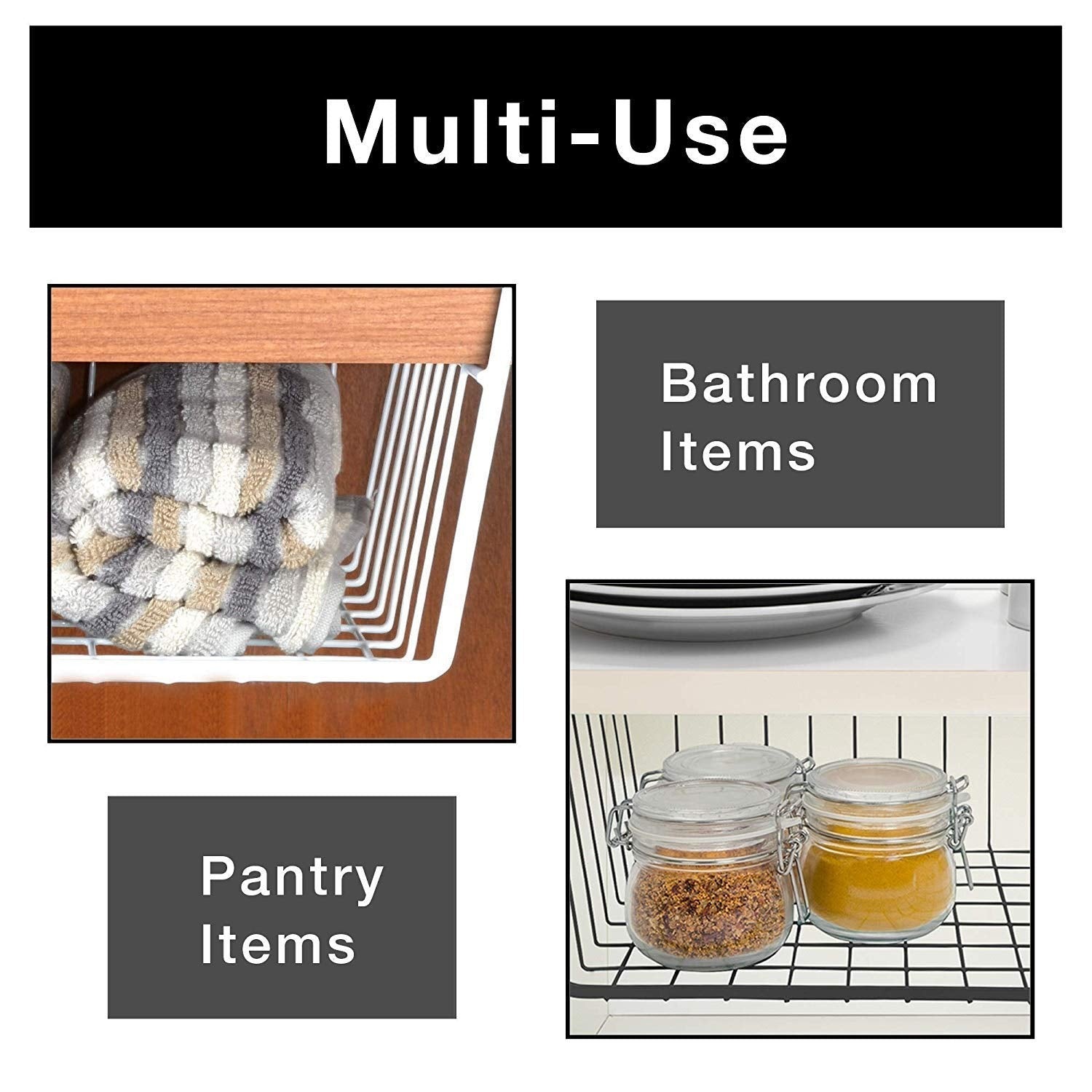 GoHooked black powder-coated iron under-shelf basket for pantry and bathroom items. Set of 3.