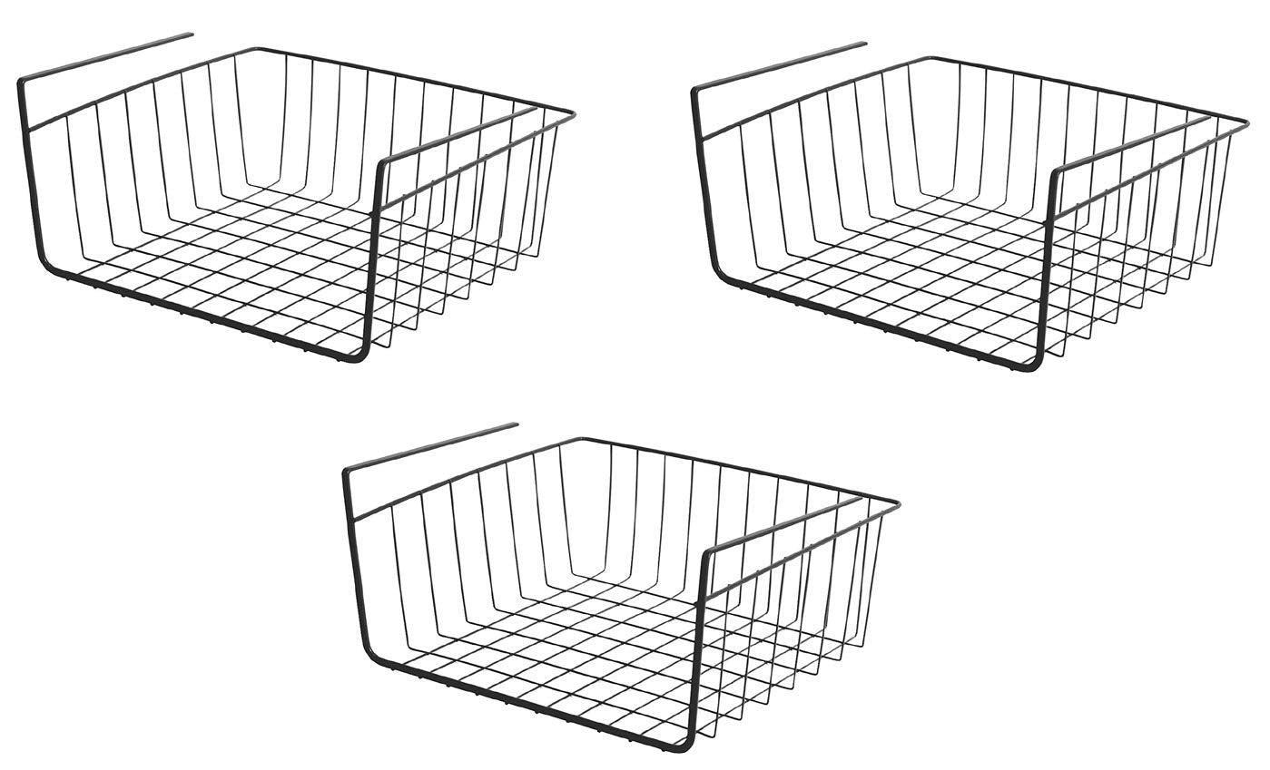 GoHooked set of 3 black powder-coated iron under-shelf baskets for kitchen and pantry storage.