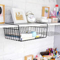 Go Hooked black powder-coated iron under shelf basket with books and jars. Space-saving storage solution.