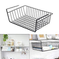 GoHooked black powder coated iron under shelf basket with grid pattern, 16 inches long, for kitchen or closet storage.