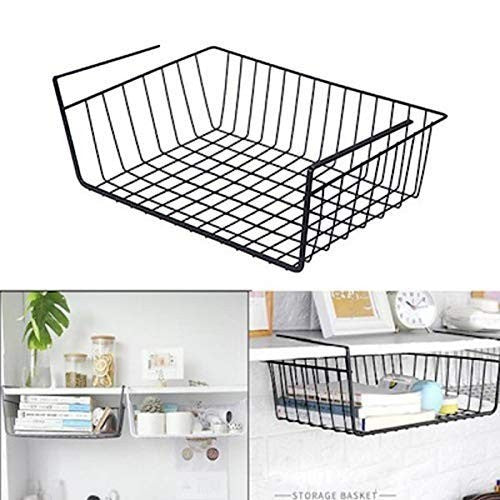 GoHooked black powder coated iron under shelf basket with grid pattern, 16 inches long, for kitchen or closet storage.
