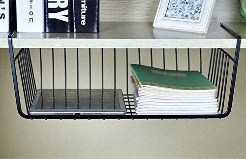Go Hooked black powder coated iron under shelf basket with a tablet and notebooks. Adds storage to cabinets.