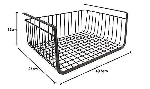 Go Hooked black powder-coated iron undershelf organiser basket with grid design. Dimensions: 40.6cm L x 24cm D x 13cm H.