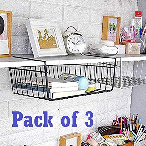GoHooked black powder-coated iron undershelf organiser basket, pack of 3, for kitchen or office storage.