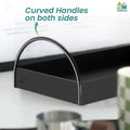 Go Hooked single black iron vanity tray with curved handles for stylish organization of essentials.