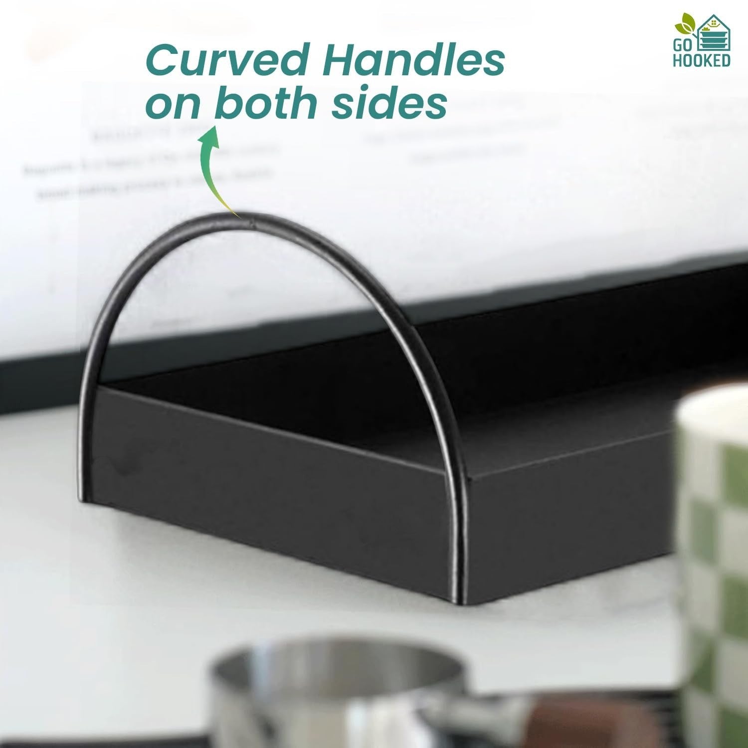 Go Hooked single black iron vanity tray with curved handles for stylish organization of essentials.