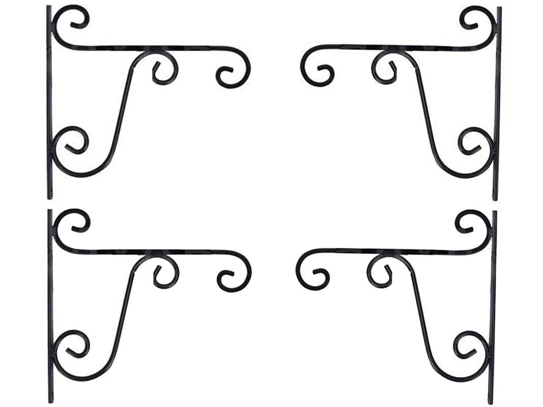 GoHooked set of four black iron wall-mounted hanging brackets with a decorative curved design for plants and lanterns.