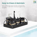 Go Hooked black marble vanity tray with gold accents, includes soap dispenser, toothbrush holder, and cups. Elegant bathroom organization.