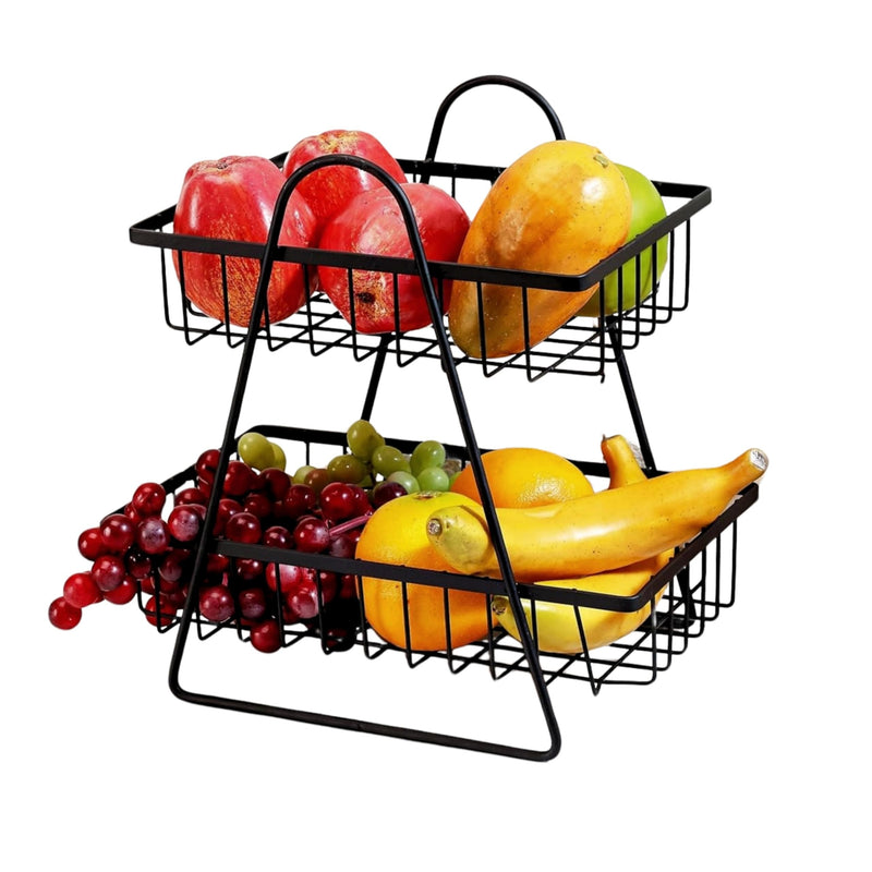 GoHooked black metal 2-tier fruit basket with apples, pomegranates, mango, grapes, oranges, and bananas.