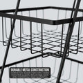 GoHooked black metal 2-tier fruit basket with open wire design for airflow and visibility. Compact vertical organizer.