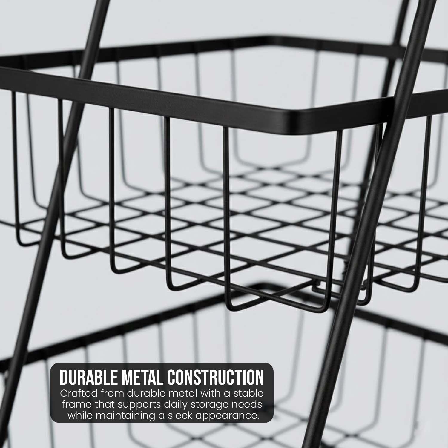 GoHooked black metal 2-tier fruit basket with open wire design for airflow and visibility. Compact vertical organizer.