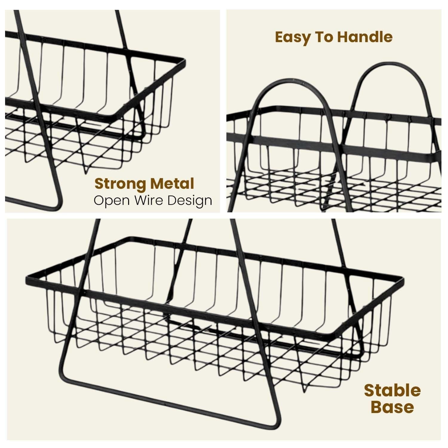 GoHooked black metal 2-tier fruit basket with open wire design for countertop storage. Features a stable base and easy-to-handle design.