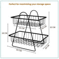 GoHooked black metal 2-tier fruit basket with open wire design for countertop storage. Dimensions: 30W x 18D x 32H cm.