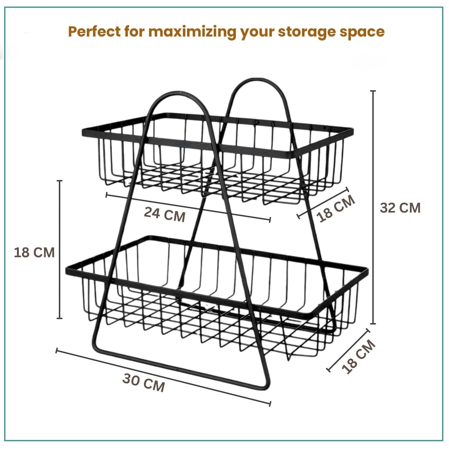 GoHooked black metal 2-tier fruit basket with open wire design for countertop storage. Dimensions: 30W x 18D x 32H cm.