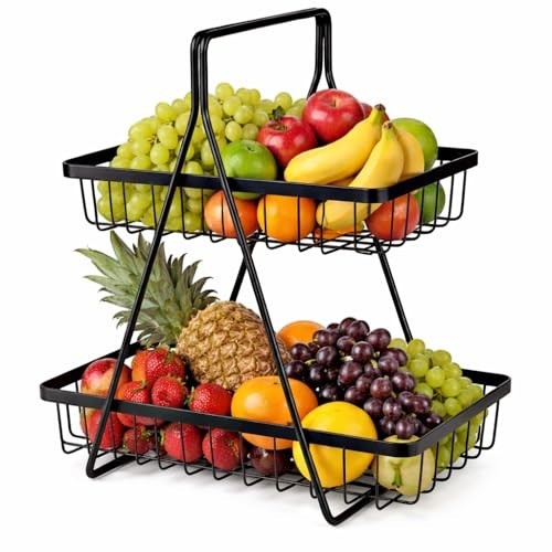 GoHooked black metal 2-tier fruit basket with handle, filled with grapes, apples, bananas, oranges, strawberries, pineapple, and lemons.