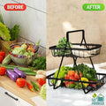 Go Hooked black metal 2-tier fruit basket with a Y-shaped handle, perfect for countertop storage.