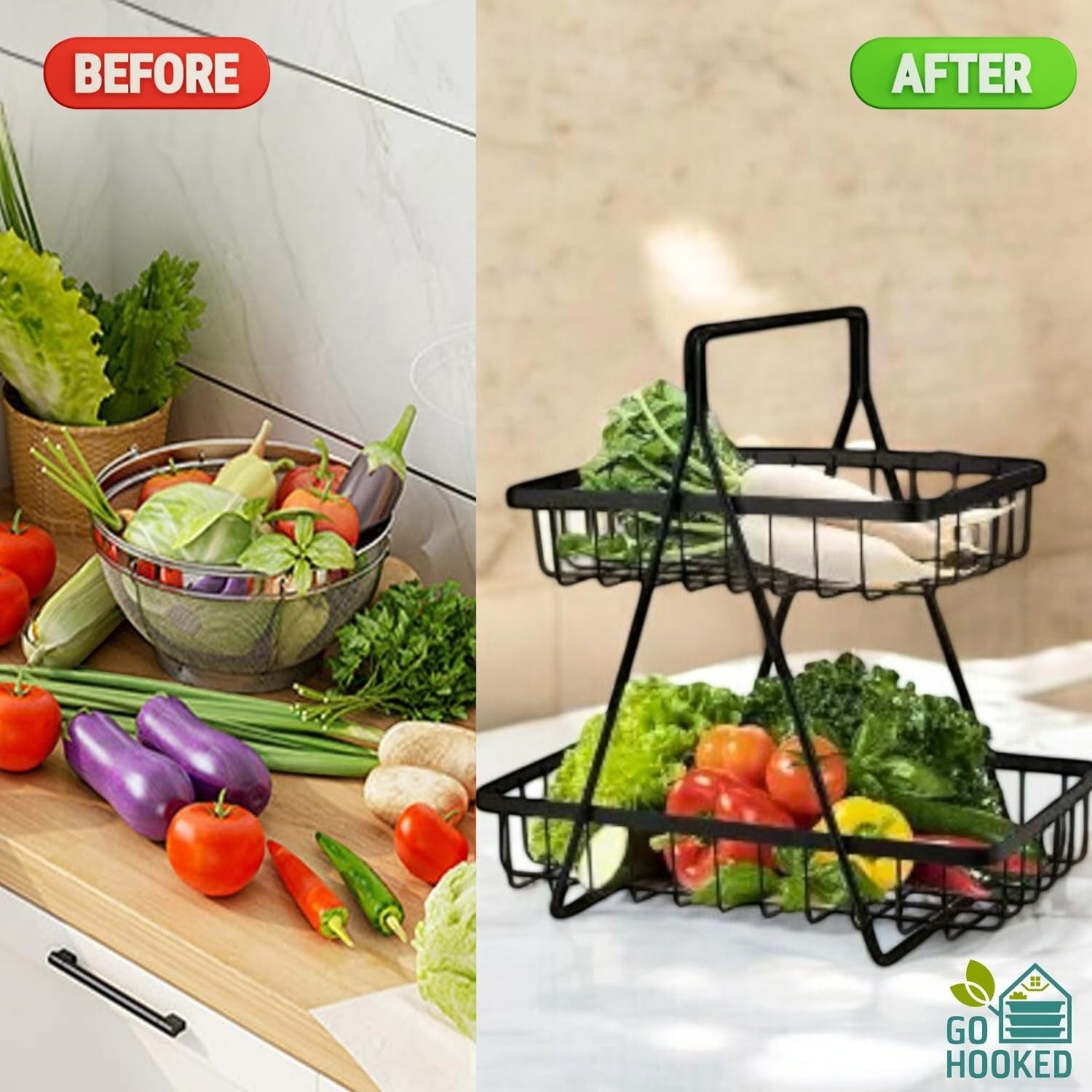 Go Hooked black metal 2-tier fruit basket with a Y-shaped handle, perfect for countertop storage.