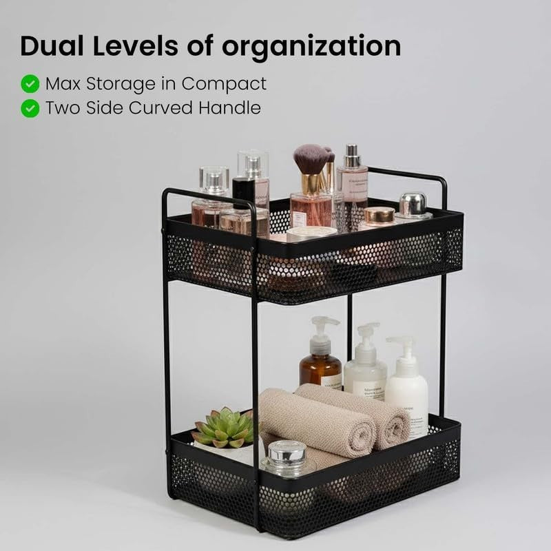 GoHooked black metal 2-tier standing rack organizer with perfumes, makeup, and toiletries