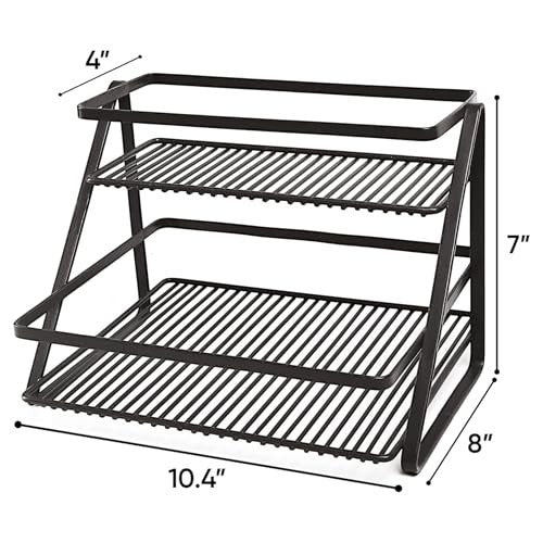 GoHooked black metal 2-tier standing rack organizer for spices, bathroom essentials, or makeup. No assembly required.