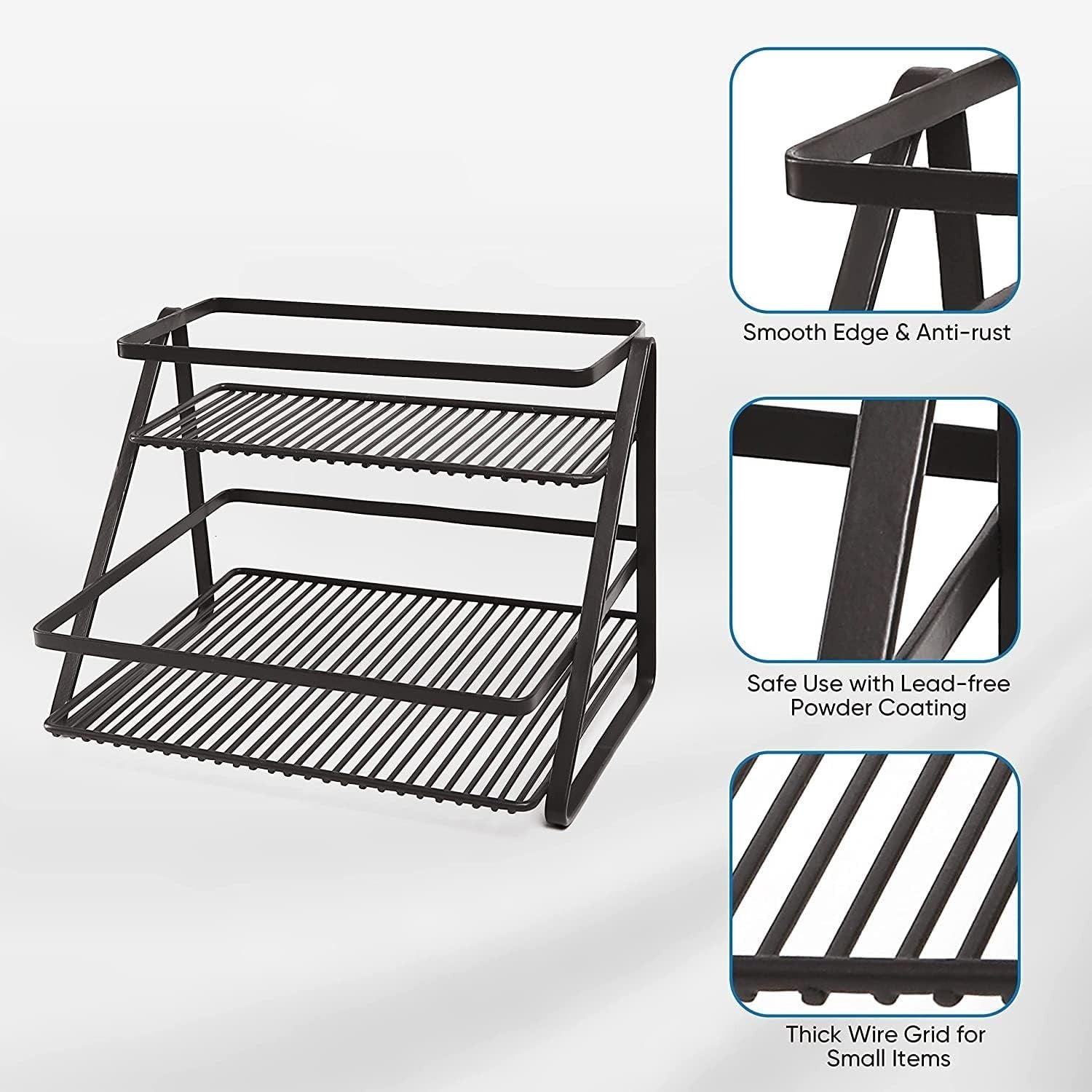 GoHooked black metal 2-tier standing rack organizer with step shelves. Ideal for spices, bathroom essentials, or makeup.