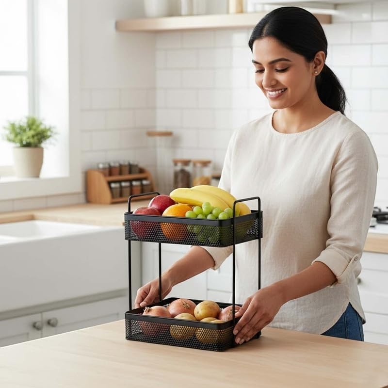GoHooked black metal 2-tier standing rack organizer filled with fruits and vegetables on a kitchen counter.