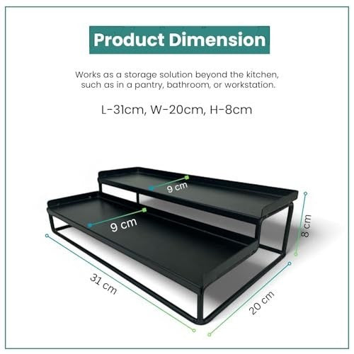 GoHooked black metal 2-tier standing organizer rack for spices, cosmetics, and bathroom essentials. Dimensions: 31cm L x 20cm W x 8cm H.