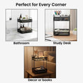 GoHooked black metal 2-tier standing rack organizer for countertop, bathroom, or desk storage. Features mesh shelves.