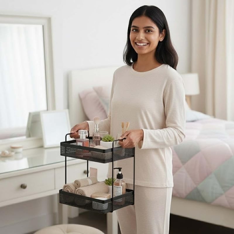 GoHooked black metal 2-tier standing rack organizer holding cosmetics, towels, and toiletries.