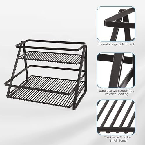 GoHooked black metal 2-tier standing rack organizer with thick wire grid, ideal for spices, bathroom essentials, or makeup.