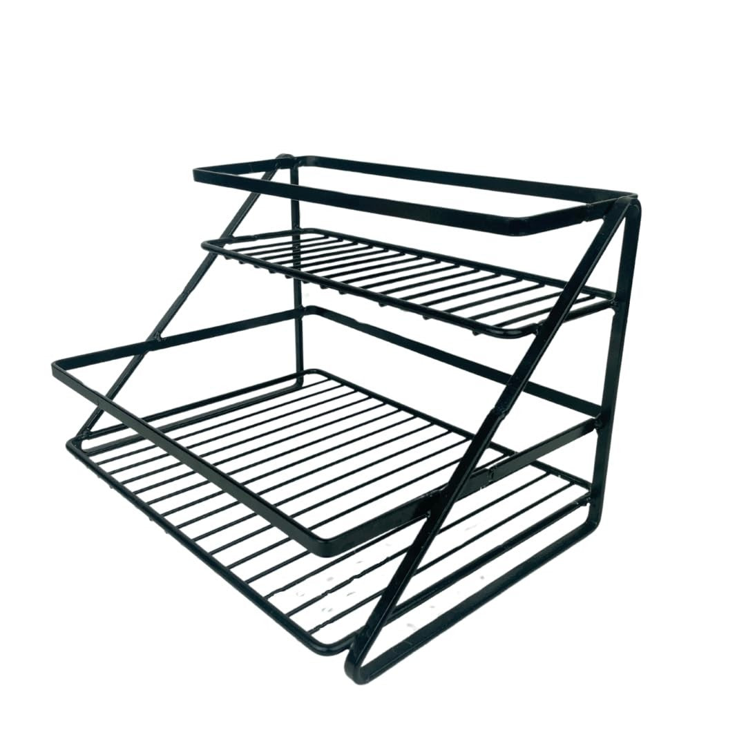 Go Hooked black 2-tier metal standing rack organizer for countertop, spices, bathroom essentials, or makeup.