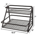 Go Hooked black metal 2-tier step shelf organizer for countertop or vanity storage. Lightweight and no assembly required.