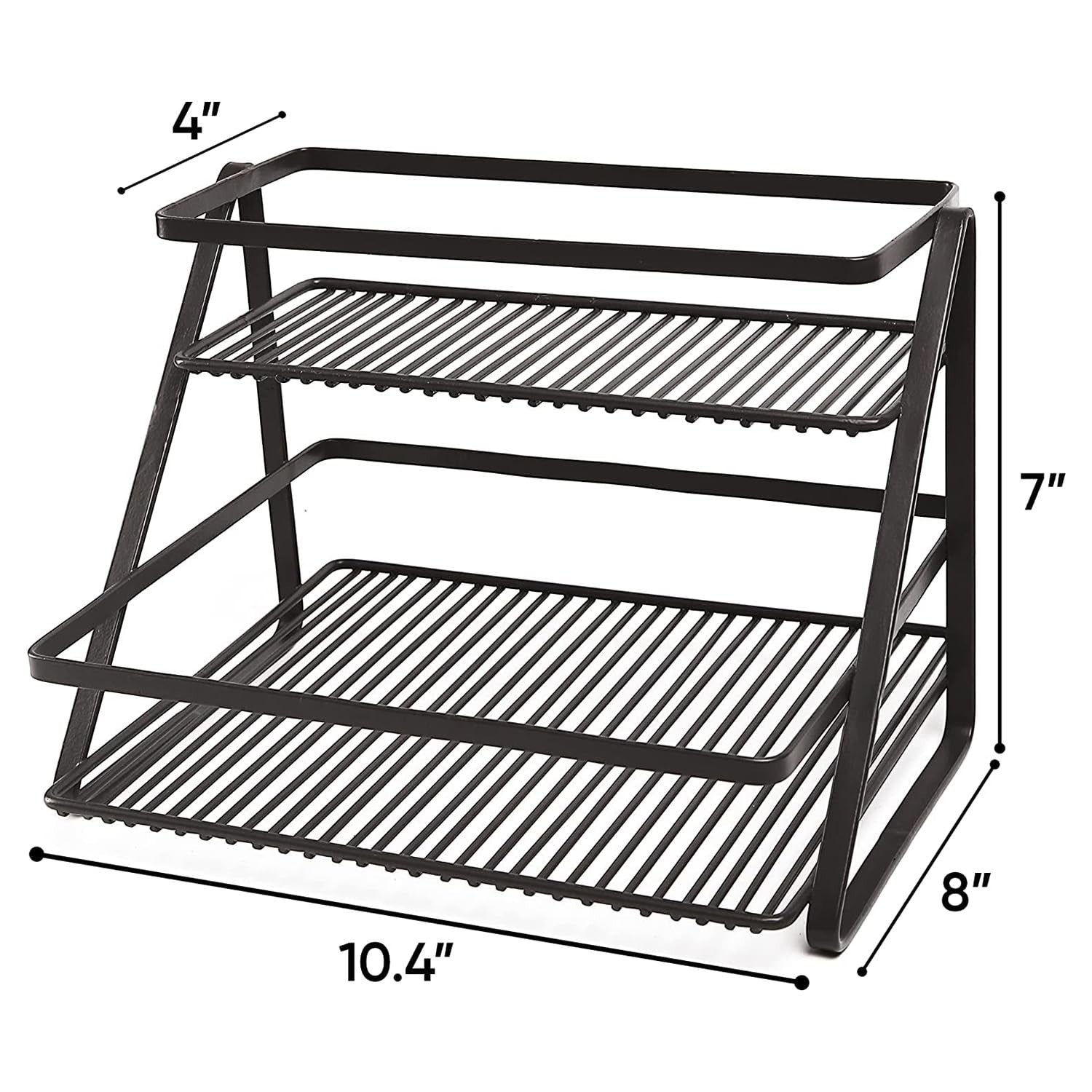 Go Hooked black metal 2-tier step shelf organizer for countertop or vanity storage. Lightweight and no assembly required.