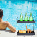 GoHooked black metal 2-tier standing rack with bottles and pastries. Perfect for bathroom or kitchen.