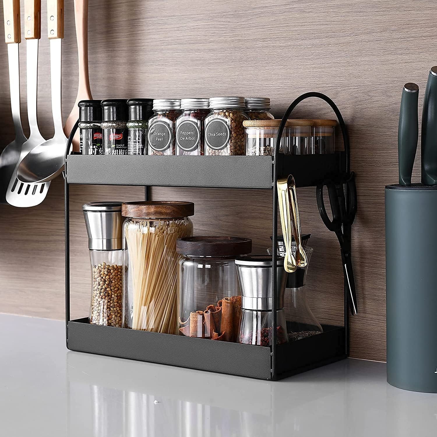 GoHooked black metal 2-tier standing rack with kitchen spices, pasta, and utensils. Perfect for countertop organization.
