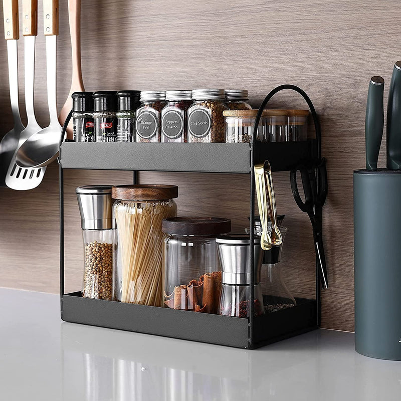 GoHooked black metal 2-tier standing rack with kitchen spices, pasta, and utensils. Perfect for countertop organization.