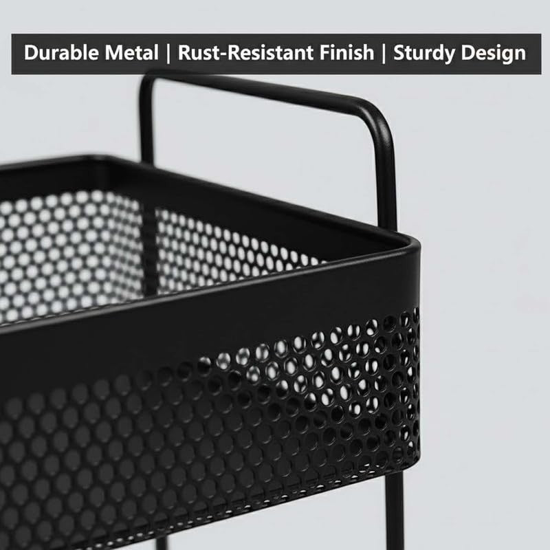 Go Hooked black metal 2-tier standing rack organizer with perforated sides and a modern design.