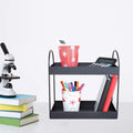 GoHooked black metal 2-tier standing rack organizer with decorative cups, calculator, and books.