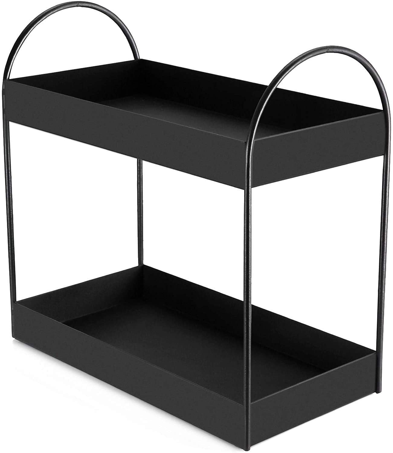 GoHooked black metal 2-tier standing rack for bathroom or kitchen countertop organization. Features curved handles and a modern design.