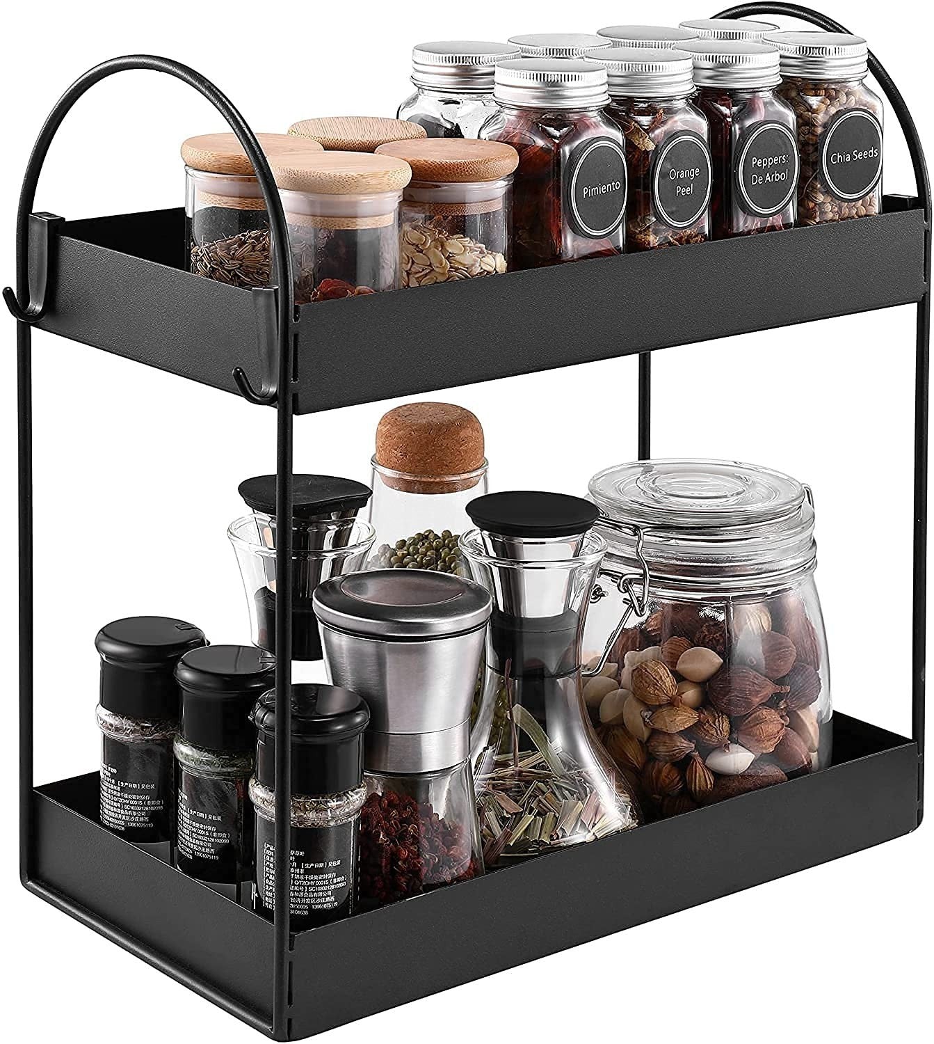 GoHooked black metal 2-tier standing rack with various jars and containers of spices and food items.