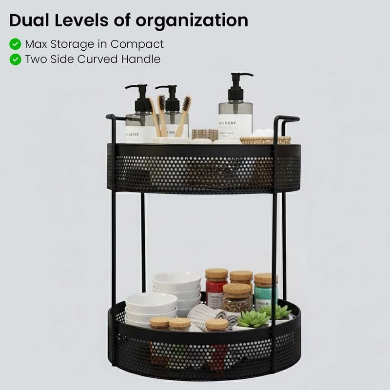 Go Hooked black metal 2-tier round storage basket with mesh design, side handles. Holds toiletries and spices.