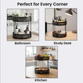 Go Hooked black metal 2-tier rotating storage basket with mesh design, perfect for bathroom, kitchen, or desk organization.