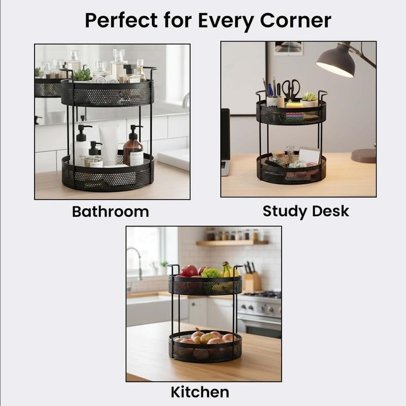 Go Hooked black metal 2-tier rotating storage basket with mesh design, perfect for bathroom, kitchen, or desk organization.