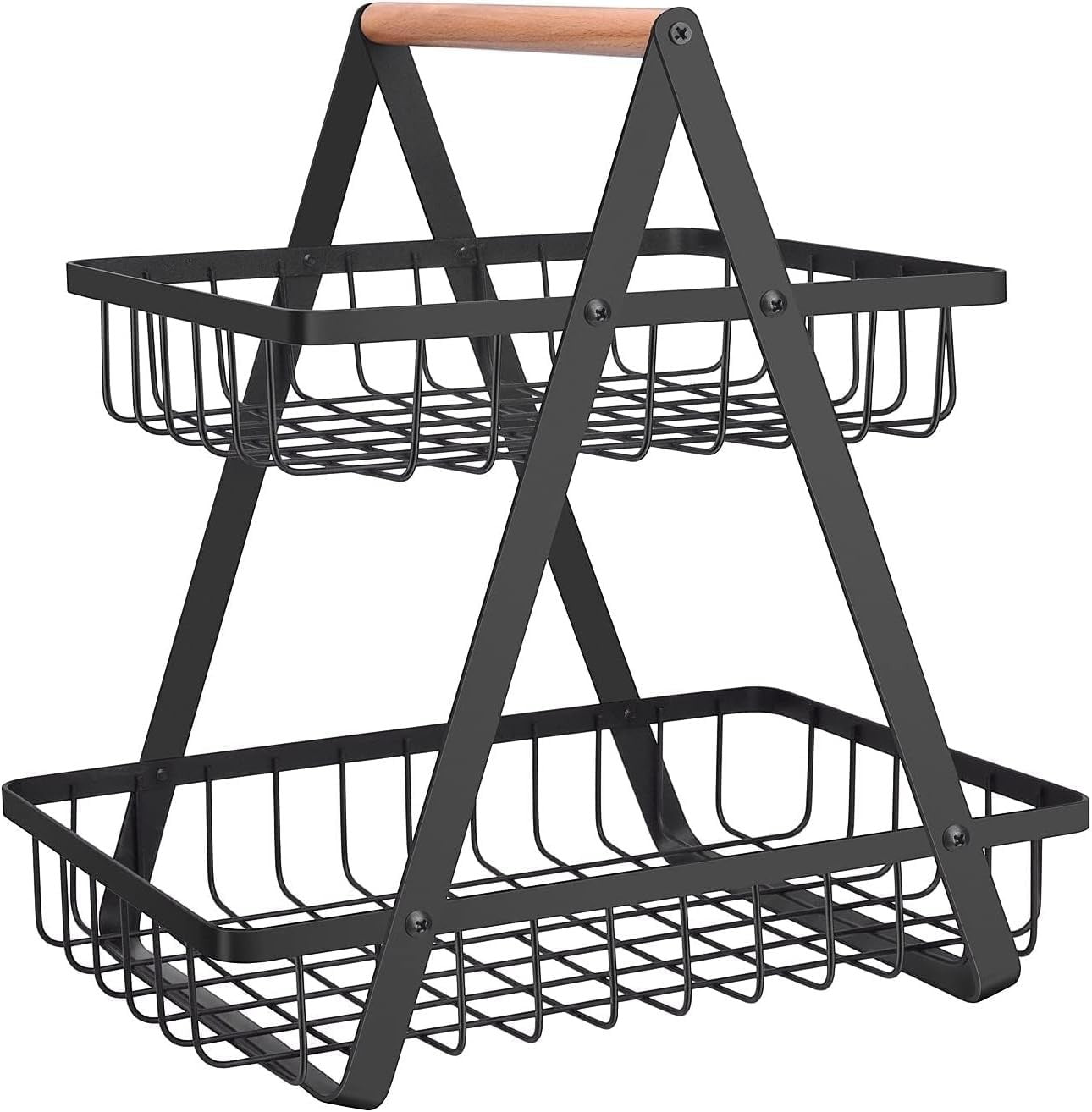GoHooked black metal 2-tier storage basket with bamboo handle, ideal for fruit, snacks, or desk organization.