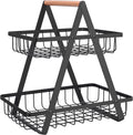 Go Hooked black metal 2-tier storage basket with wooden handle, perfect for fruit or general display.