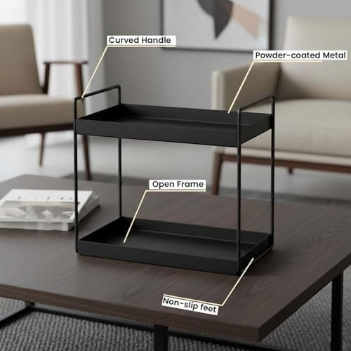 GoHooked black powder-coated metal 2-tier standing rack with curved handles and non-slip feet on a coffee table.