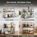 GoHooked black metal 2-tier wire storage rack organizer for countertop use, ideal for spices, toiletries, or office supplies.