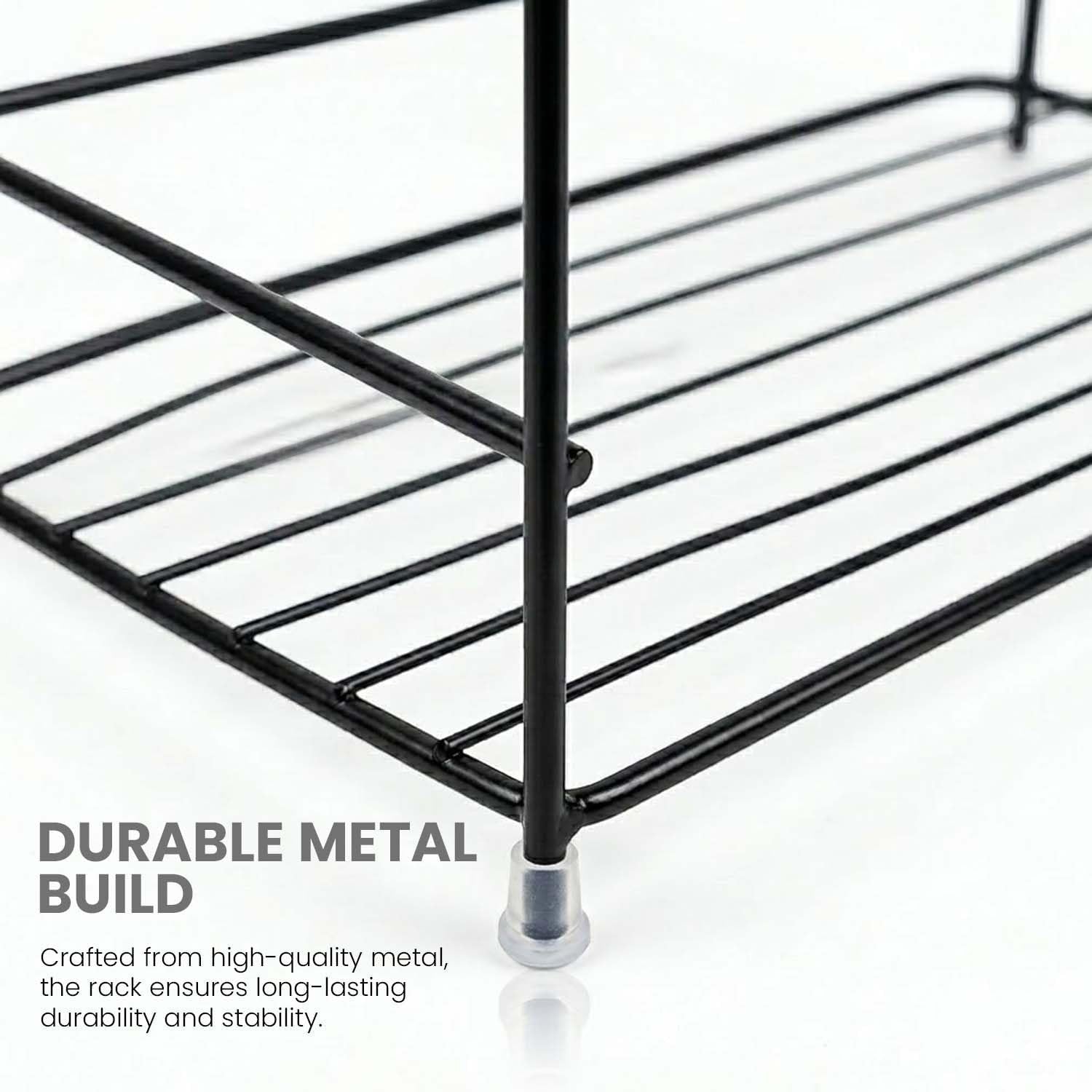 GoHooked black metal 2-tier wire storage rack organizer for countertop use. Features a durable build and minimalist design.